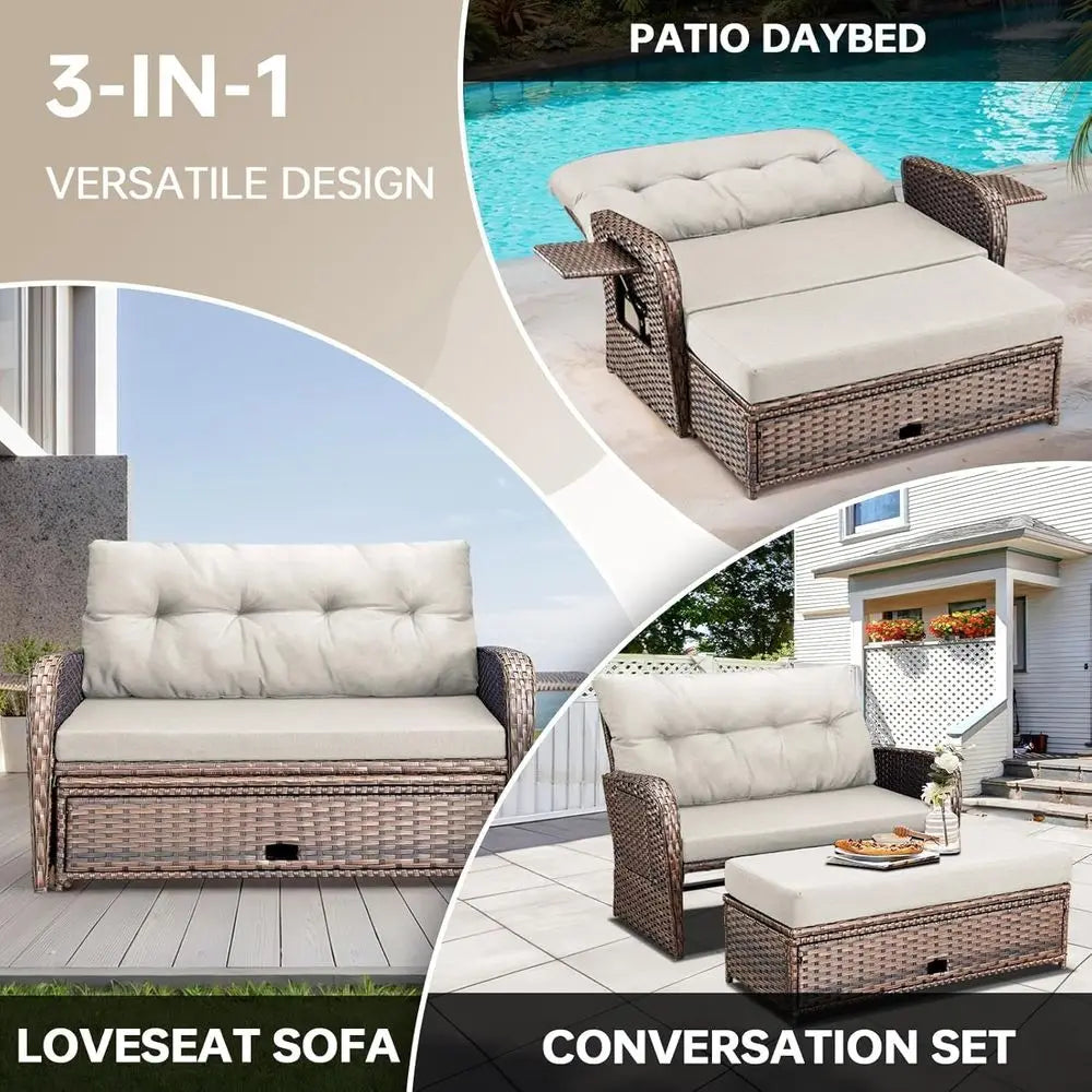 Outdoor Wicker Reclining Daybed With Stowable Side Tray