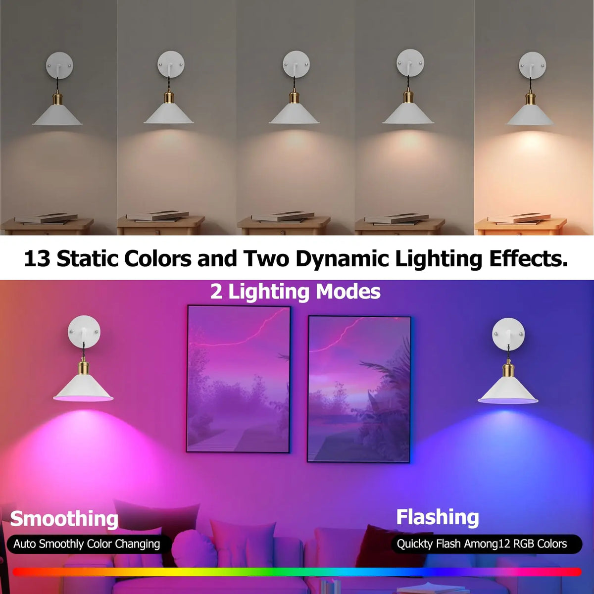 PRTILOUD Dimmable Battery Wall Sconces Remote RGB Warm Lighting