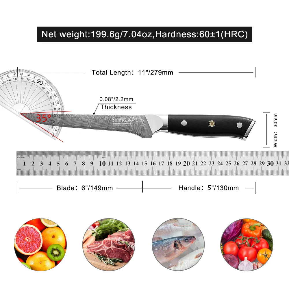 Sunnecko VG10 Damascus Steel Boning Fillet Kitchen Knife