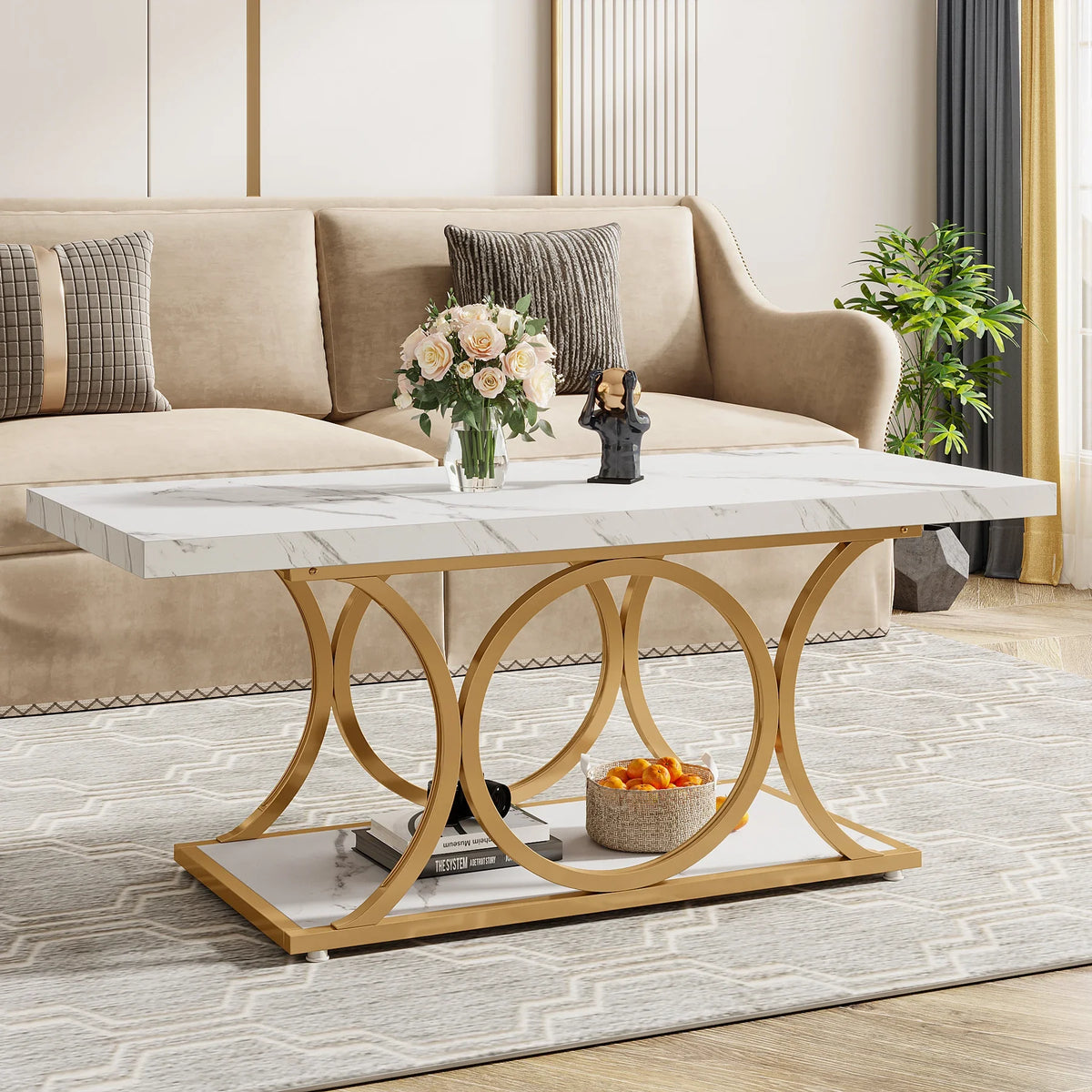 Tribesigns Modern Rectangle Coffee Table With Two Tier Shelving
