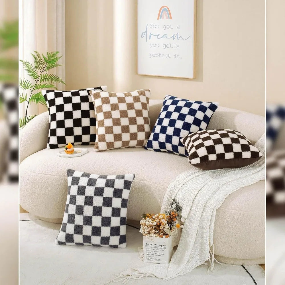 NBVCX Soft Checkerboard Faux Fur Decorative Throw Pillow Covers Set