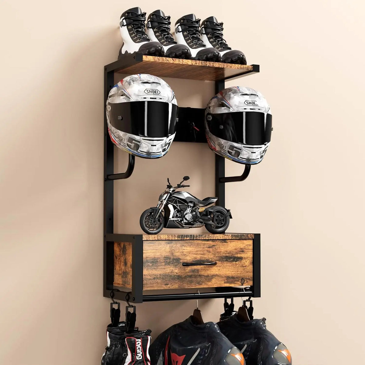 HiMISS Wall Mounted Motorcycle Helmet And Gear Storage Rack