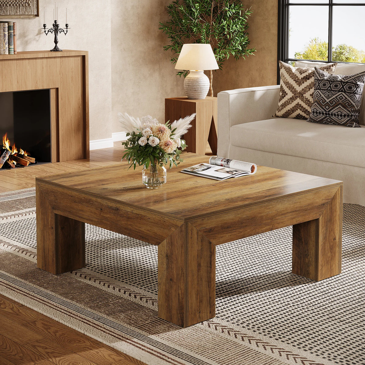 Tribesigns Farmhouse Square Coffee Table With Wooden Legs