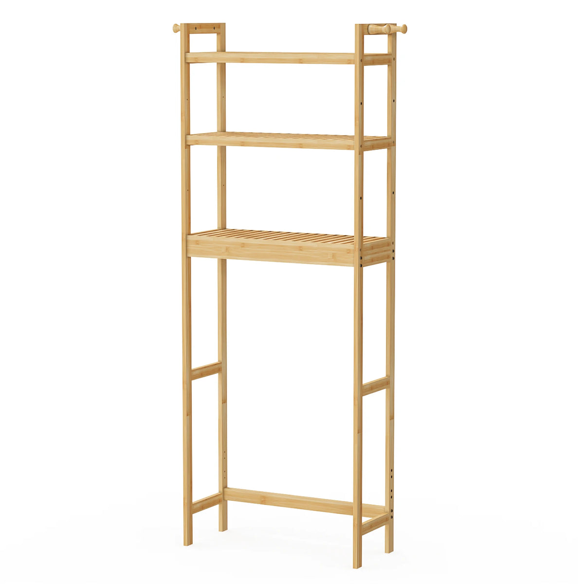 Bamboo Bathroom Storage Rack With Hooks And Adjustable Shelves