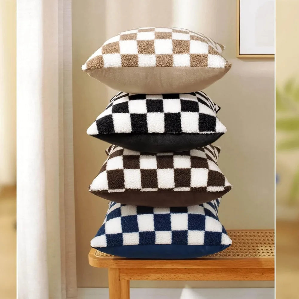 NBVCX Soft Checkerboard Faux Fur Decorative Throw Pillow Covers Set