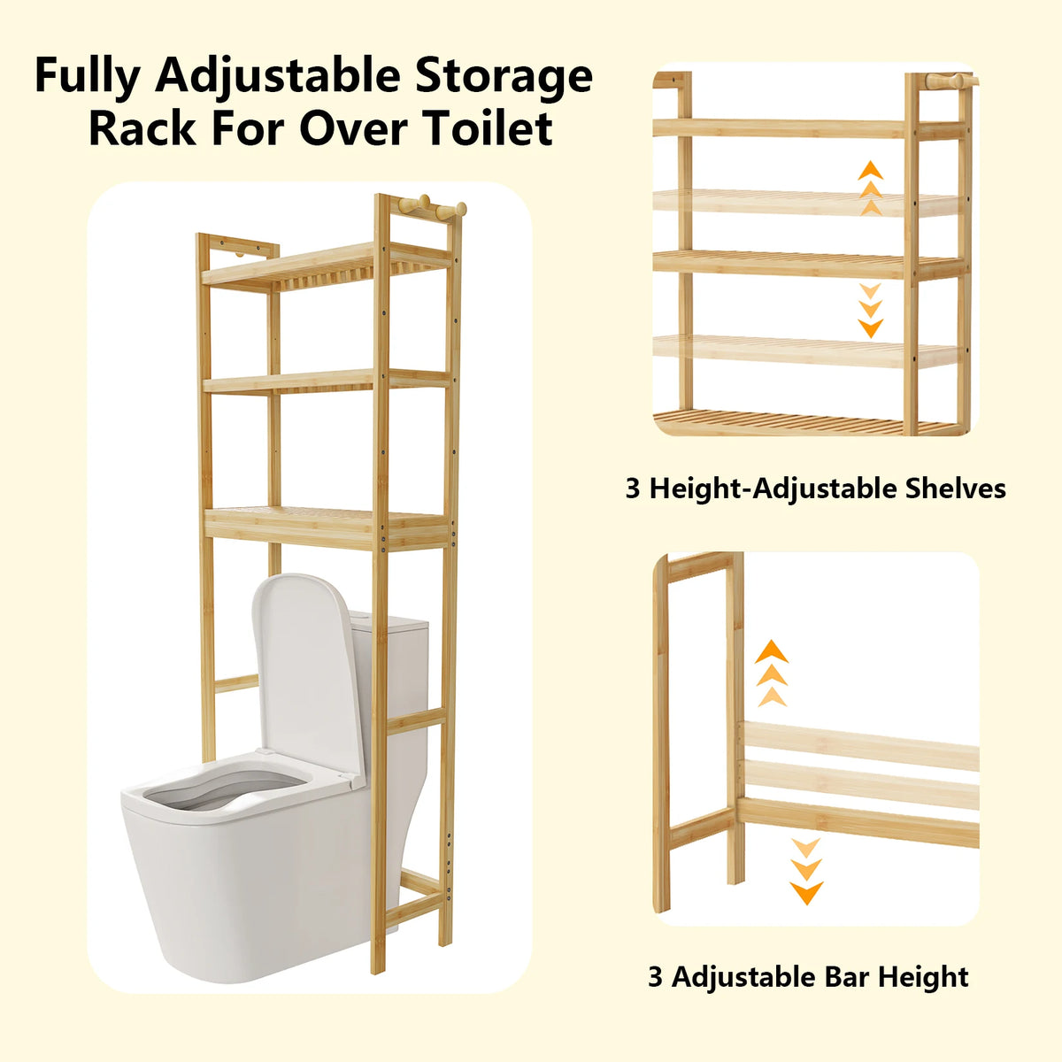 Bamboo Bathroom Storage Rack With Hooks And Adjustable Shelves