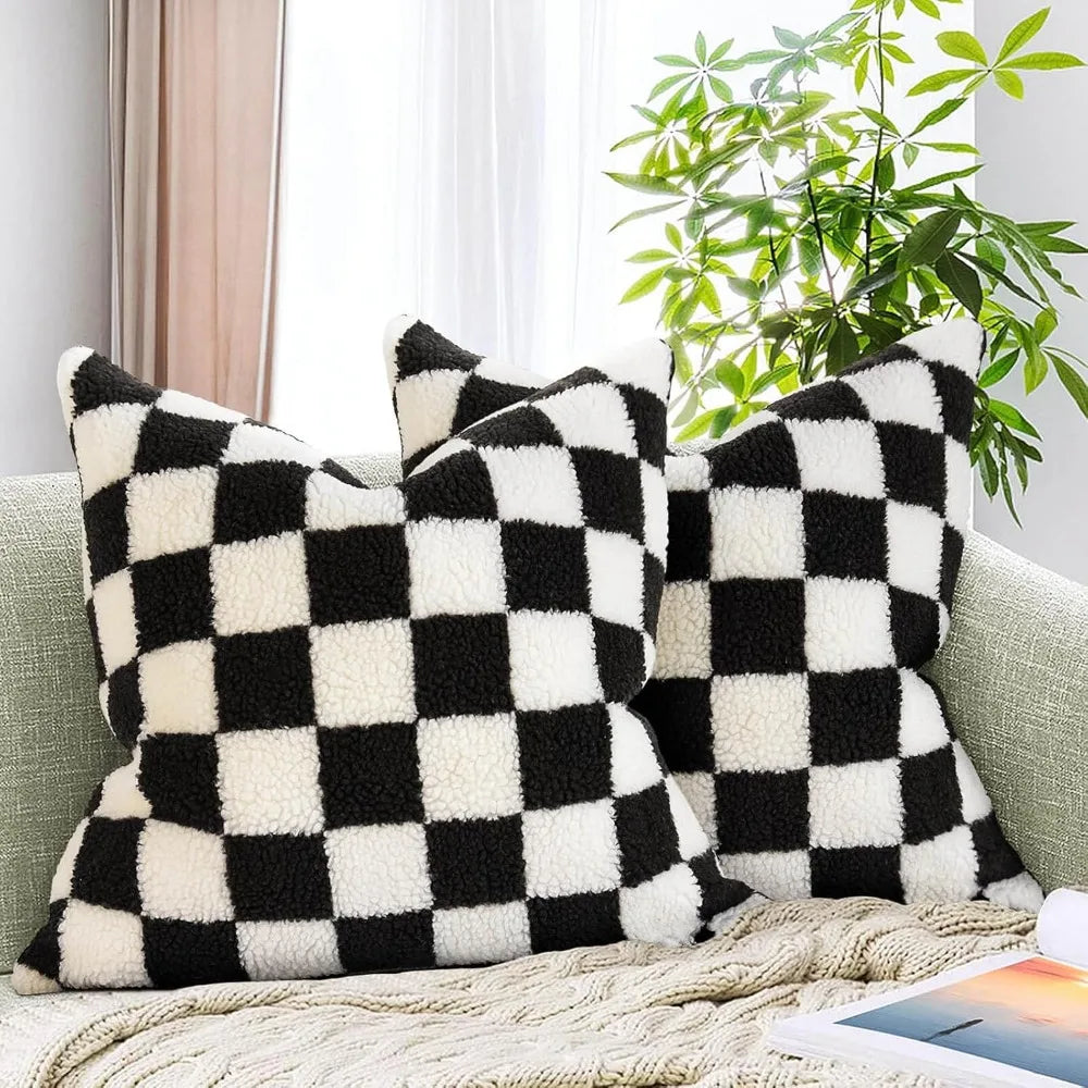 NBVCX Soft Checkerboard Faux Fur Decorative Throw Pillow Covers Set