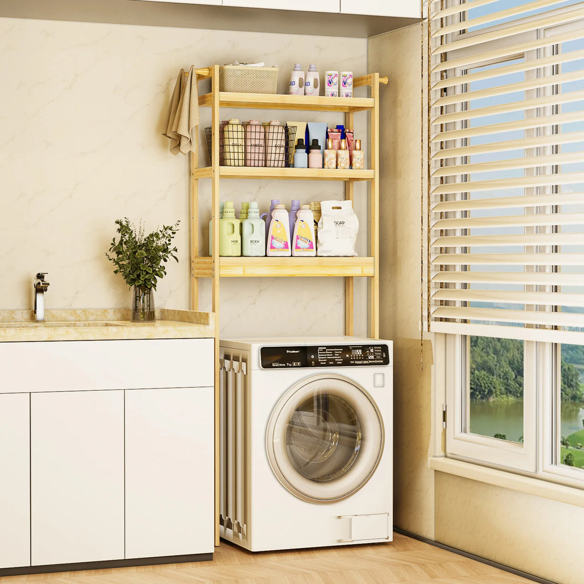 Bamboo Bathroom Storage Rack With Hooks And Adjustable Shelves