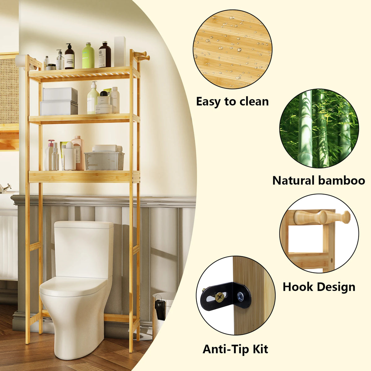 Bamboo Bathroom Storage Rack With Hooks And Adjustable Shelves