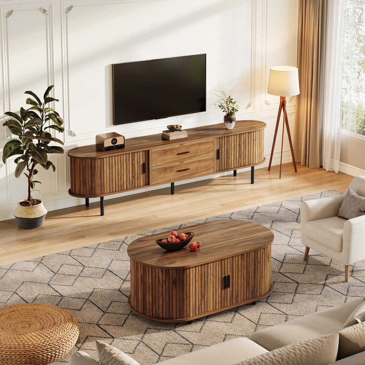 Tribesigns Mid Century Modern TV Stand With Sliding Doors