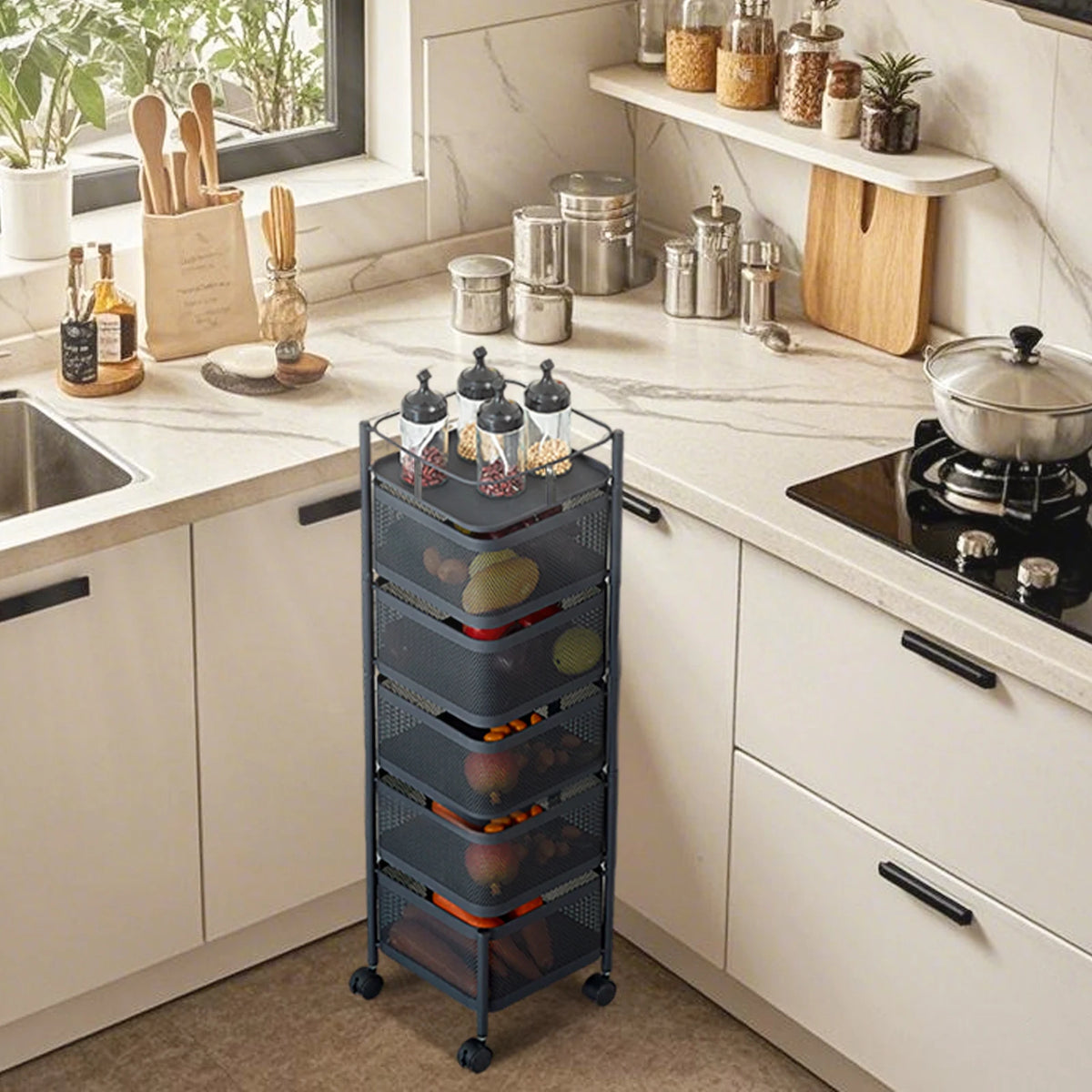 HobbyLane 5 Tier Rotating Kitchen Storage Rack With Wheels