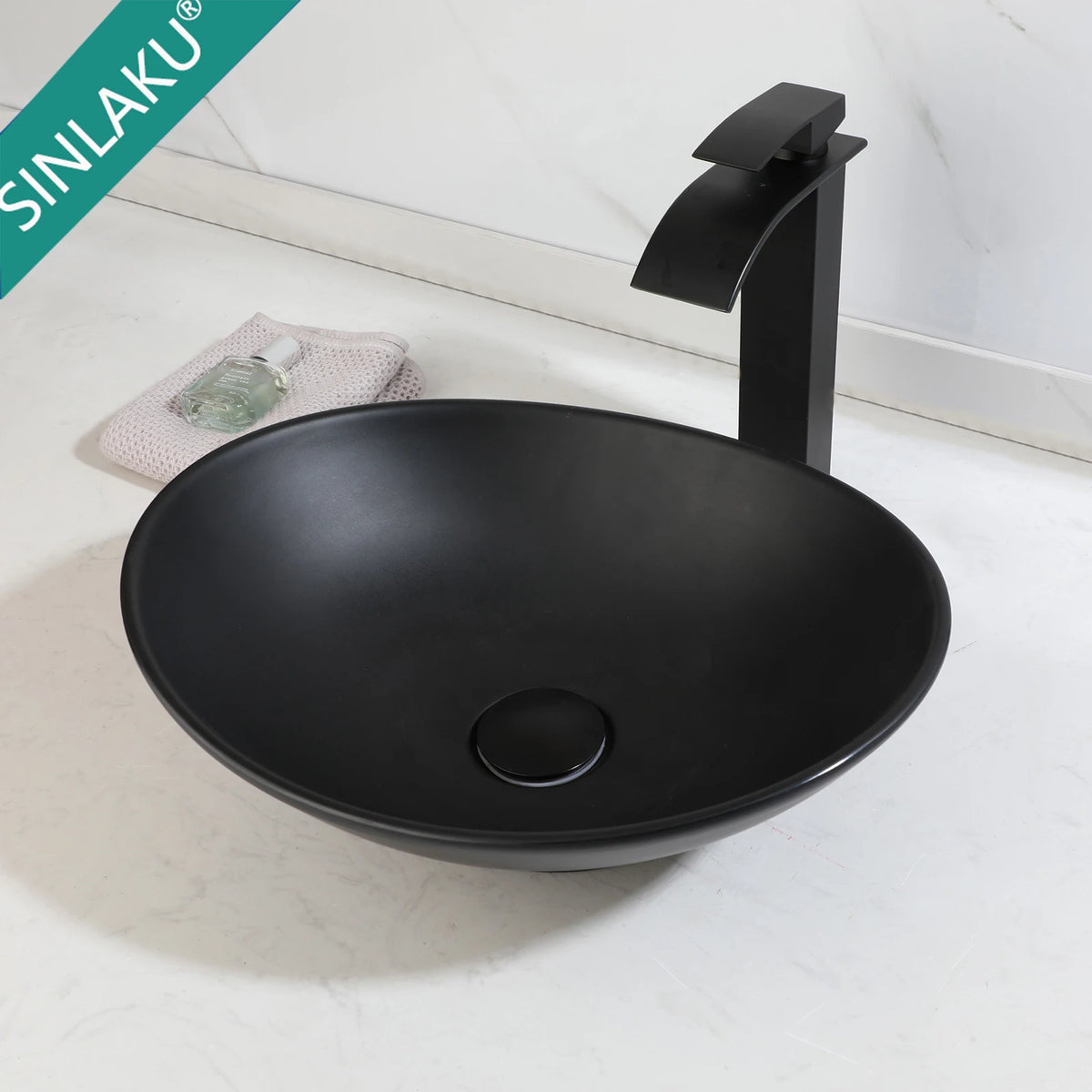 SINLAKU Oval Vessel Bathroom Sink Set With Waterfall Faucet