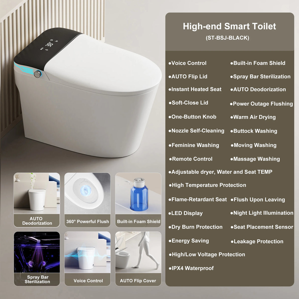 Elongated Smart Toilet With Built-In Bidet, Voice Control, Dryer