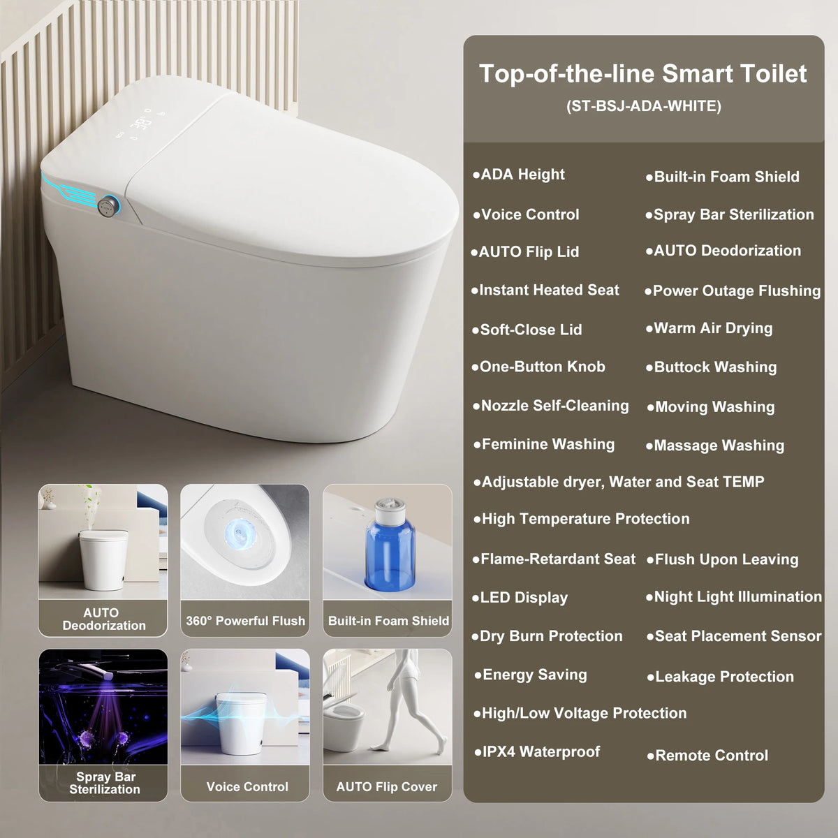 Elongated Smart Toilet With Built-In Bidet, Voice Control, Dryer