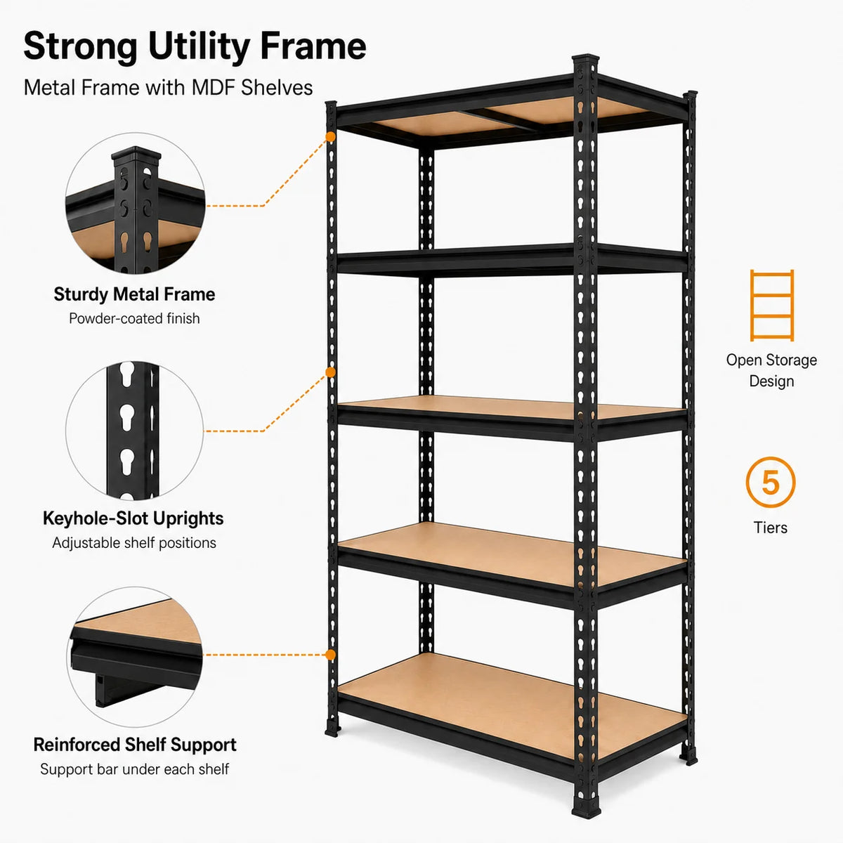 Heavy Duty Five Tier Metal Shelving Rack With MDF Shelves