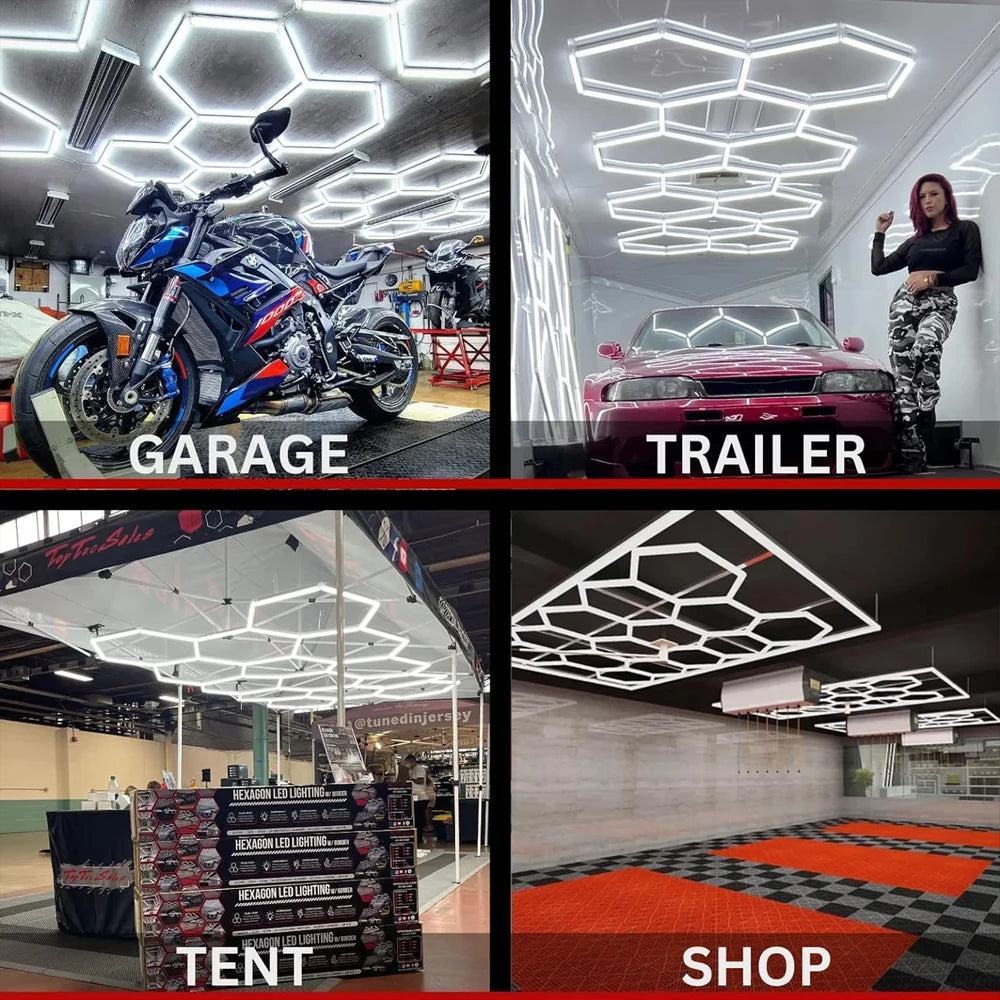 Honeycomb Hexagon LED Garage Lighting for Workshops and Auto Detailing