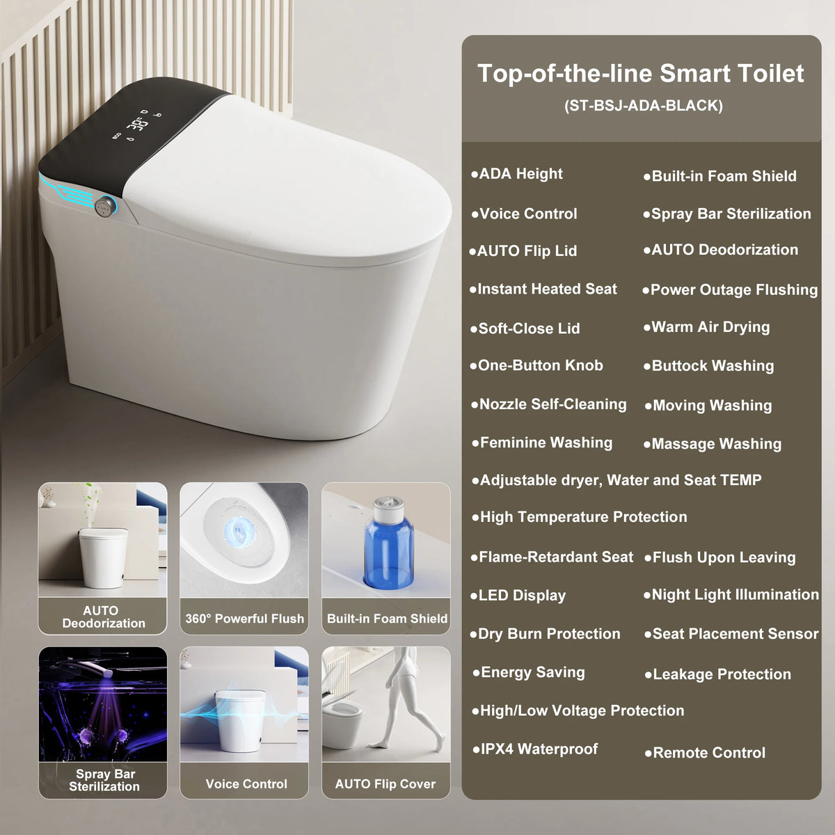 Elongated Smart Toilet With Built-In Bidet, Voice Control, Dryer