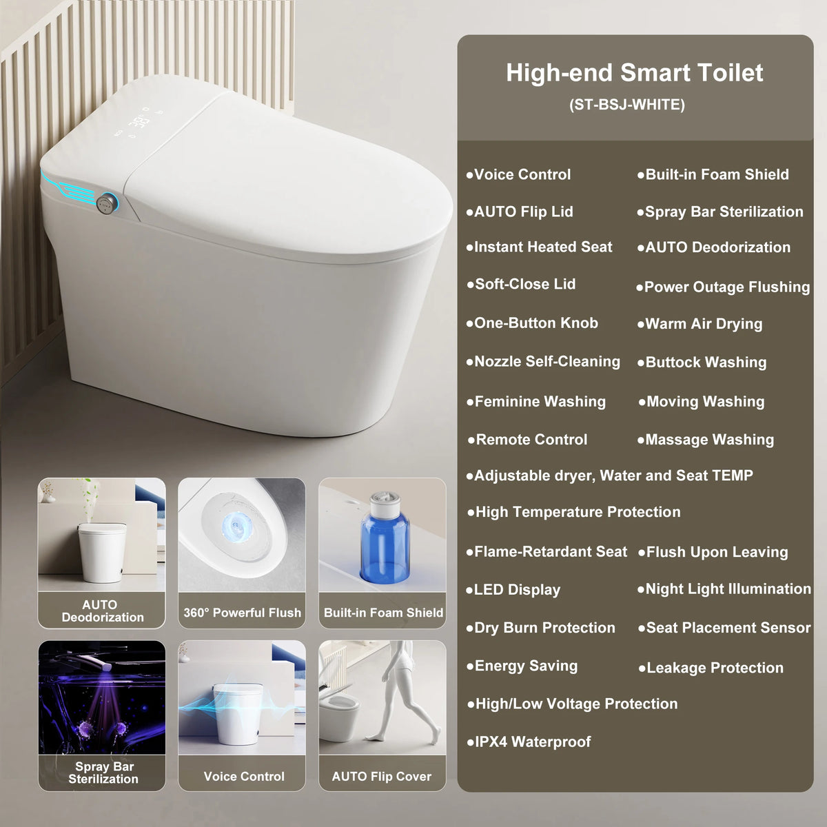 Elongated Smart Toilet With Built-In Bidet, Voice Control, Dryer