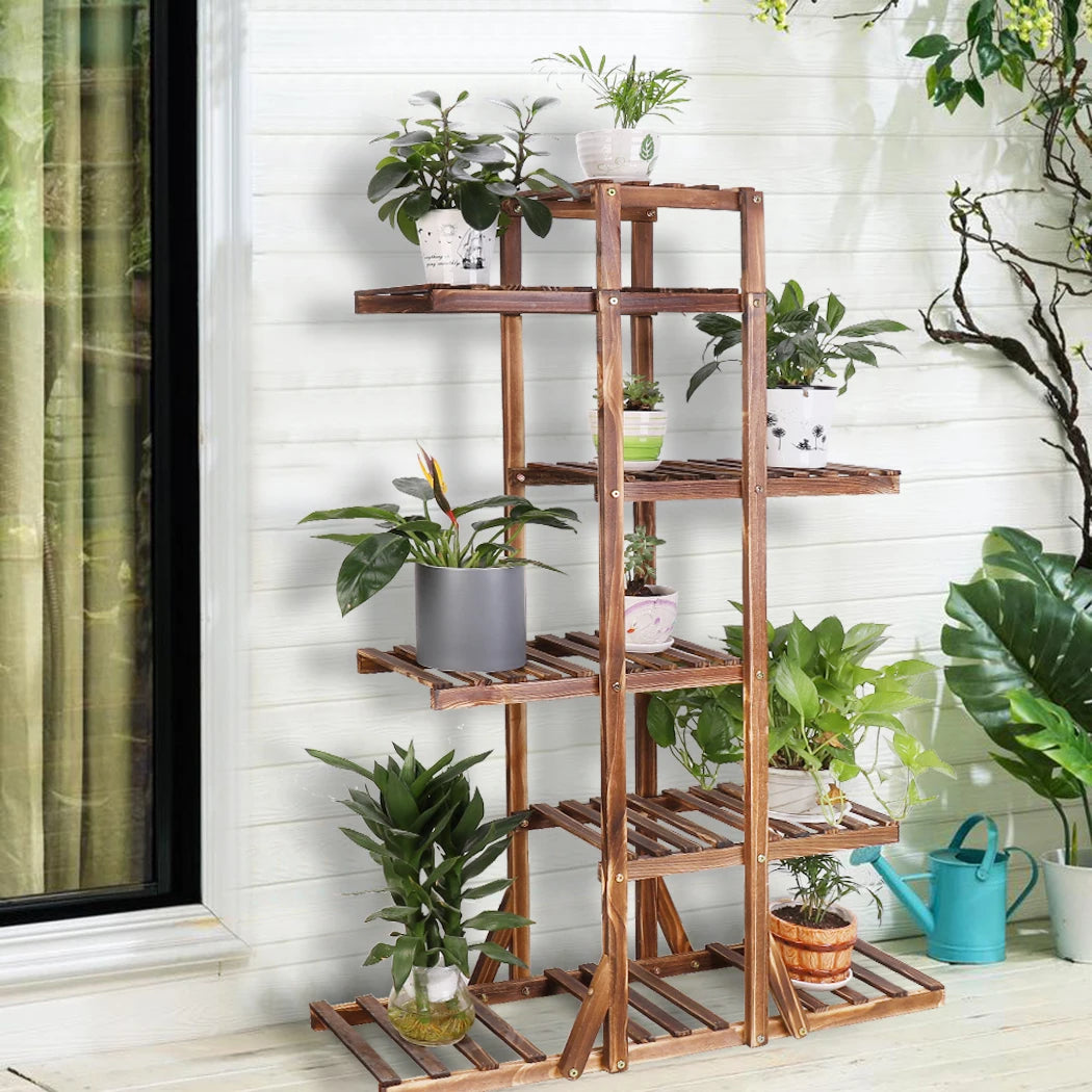 6-Tier Carbonized Wooden Plant Stand BINGOPAW Flower Display Rack