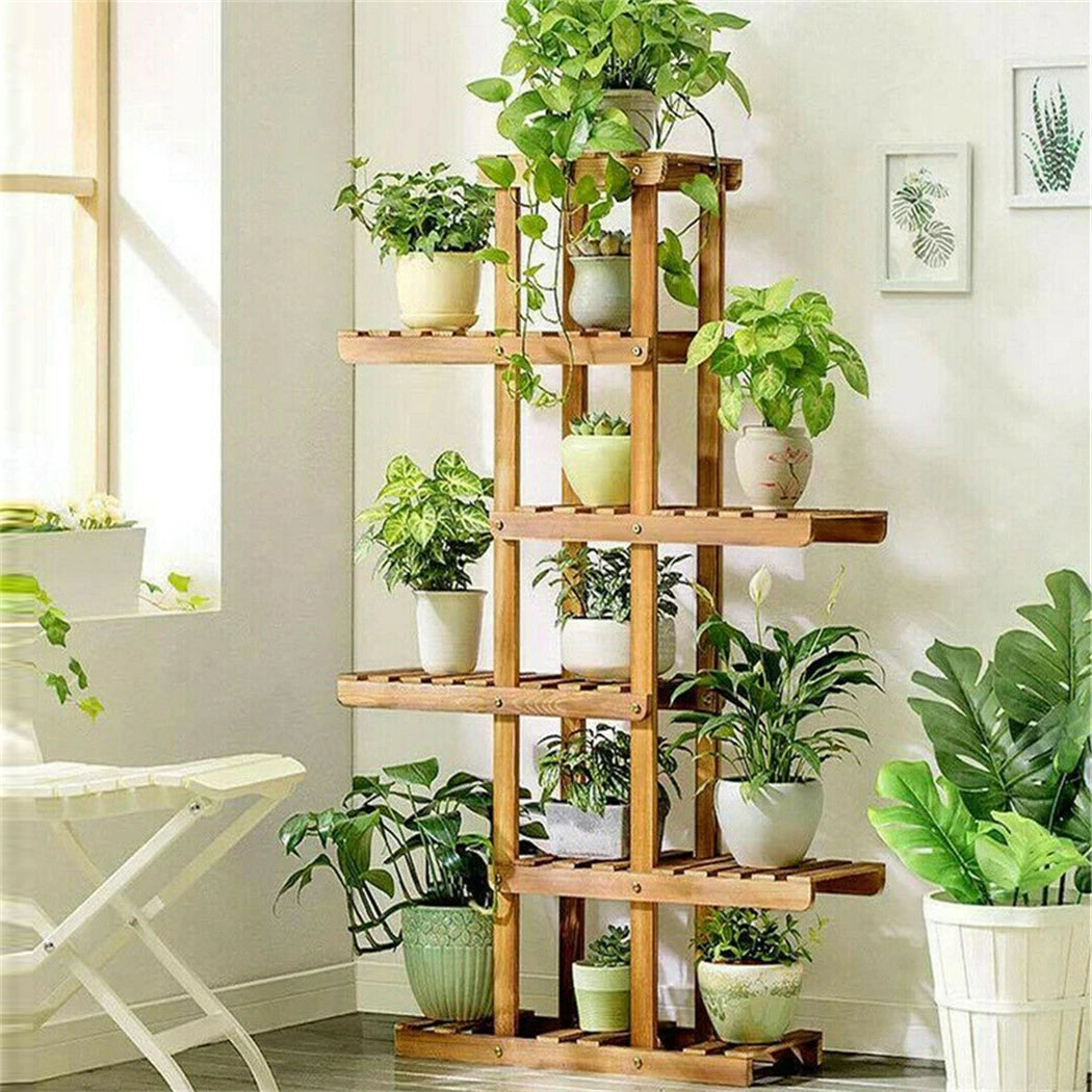 6-Tier Carbonized Wooden Plant Stand BINGOPAW Flower Display Rack