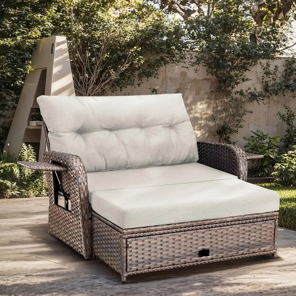 Outdoor Wicker Reclining Daybed With Stowable Side Tray