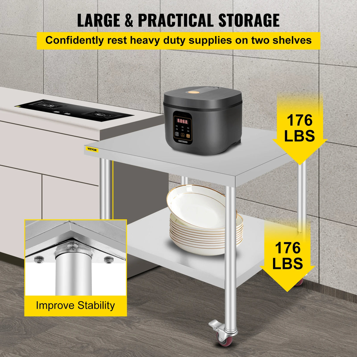 SucceBuy Stainless Steel Kitchen Prep Table Caster Wheels Backsplash