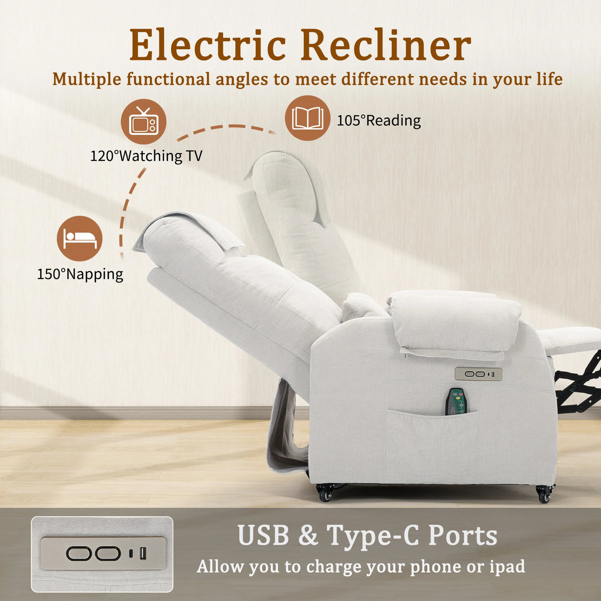 KORSER Power Recliner Chair With Wheels And USB Ports