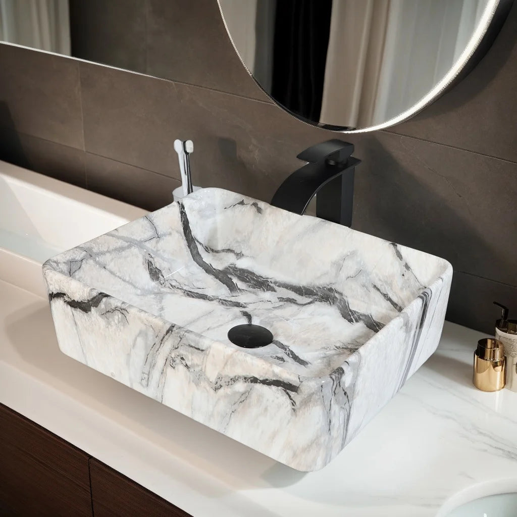 Mekkhala Rectangular Ceramic Vessel Sink Basin With Faucet