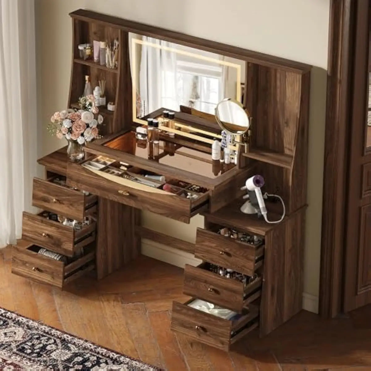 Modern Vanity Desk With Adjustable LED Mirror And Seven Drawers