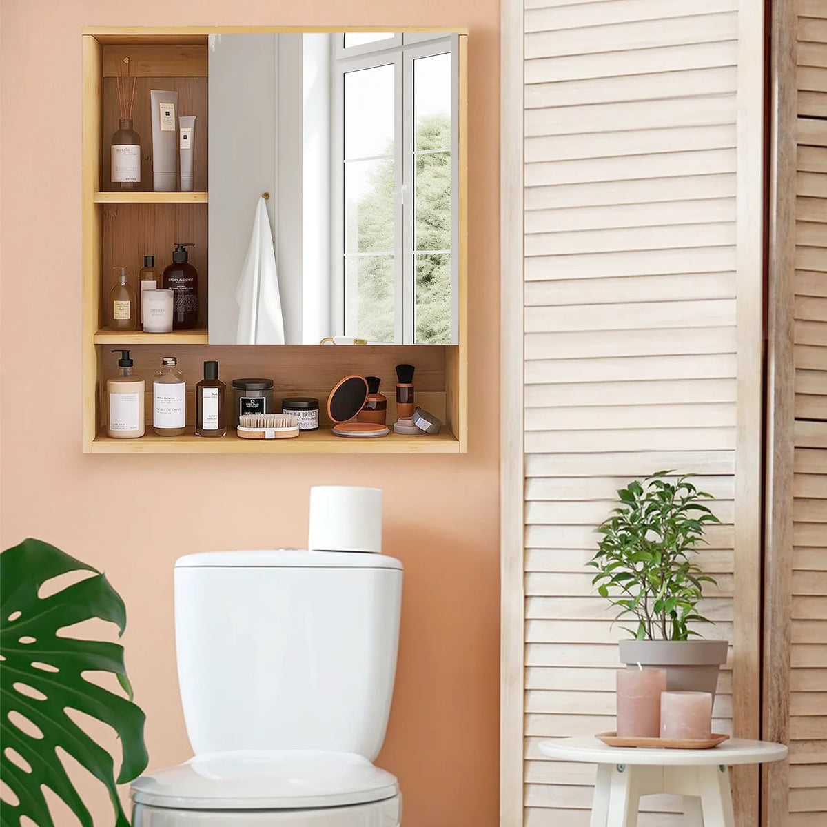 Bamboo Wall Mounted Medicine Cabinet With Mirror Storage
