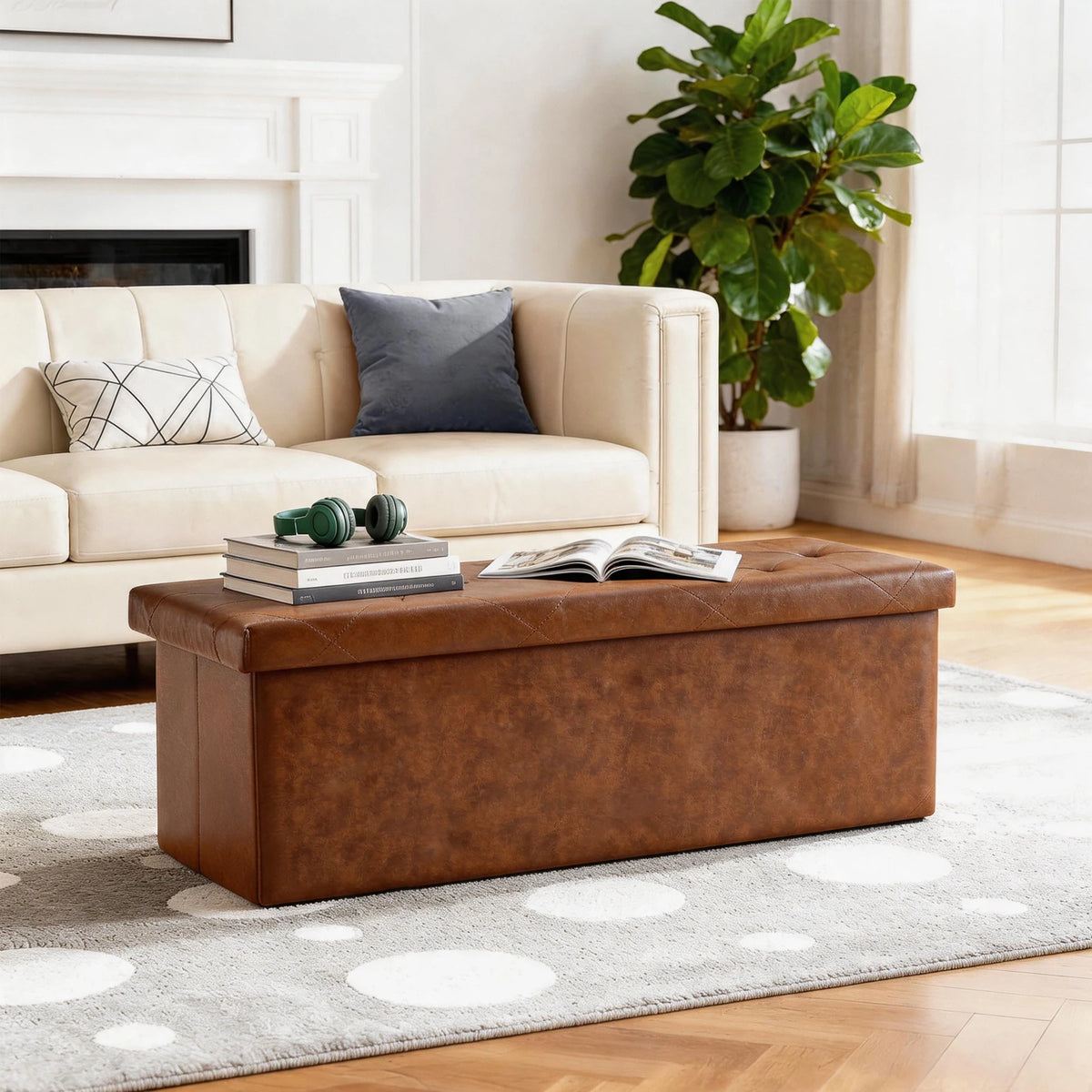 Sarenzoon Tufted Faux Leather Storage Bench Ottoman