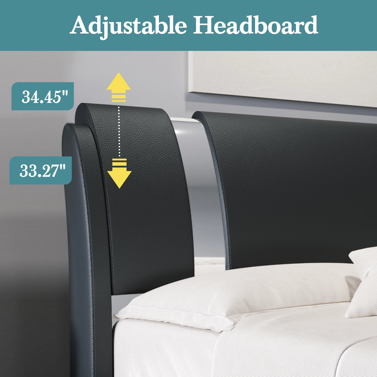 HOOMIC MODERN FAUX LEATHER BED FRAME WITH HEIGHT ADJUSTABLE HEADBOARD