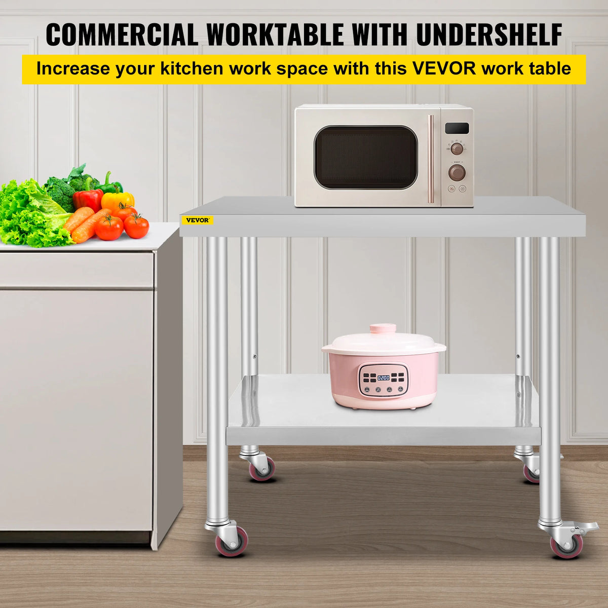 SucceBuy Stainless Steel Kitchen Prep Table Caster Wheels Backsplash