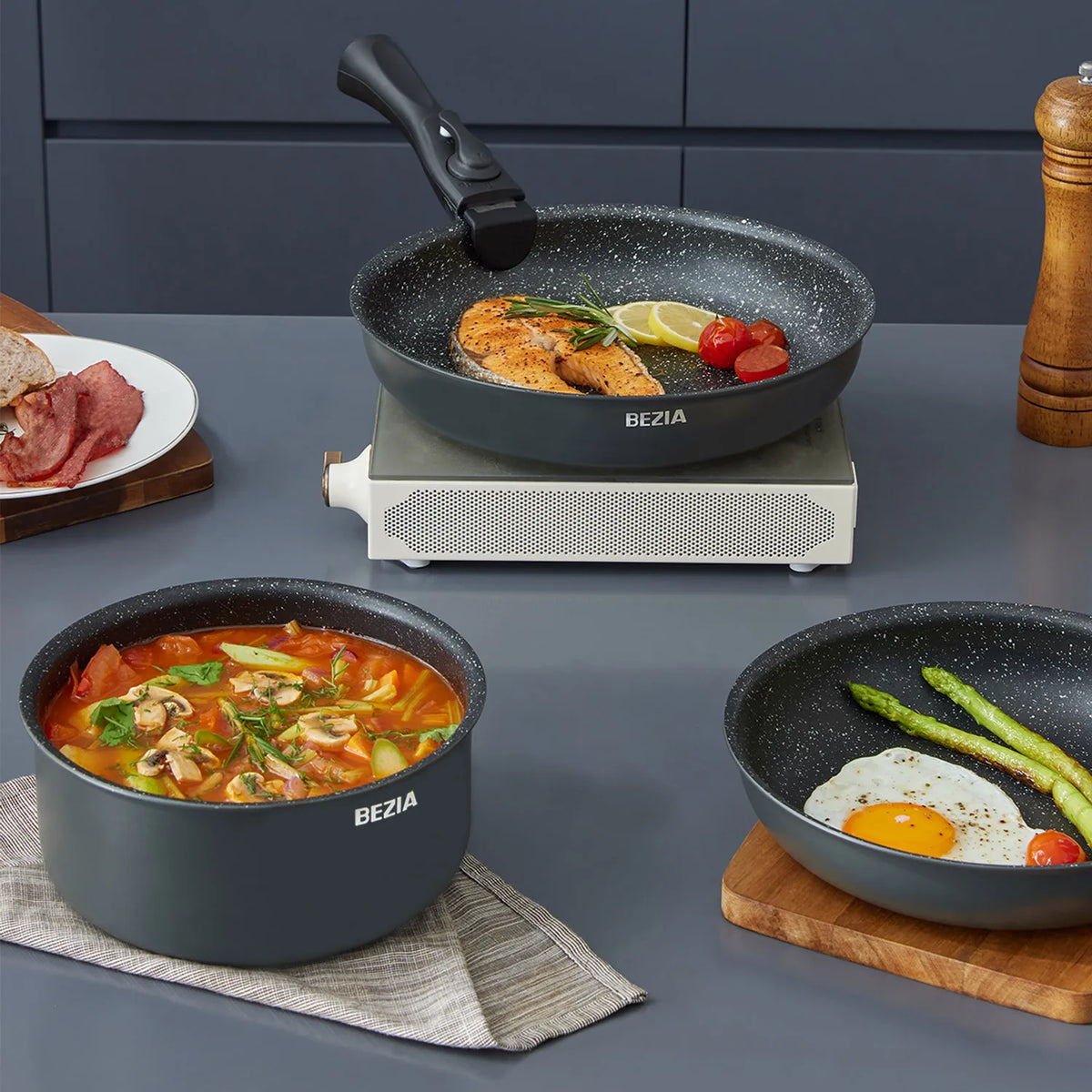 Durable Induction Cookware Set With Removable Handles And Nonstick Finish
