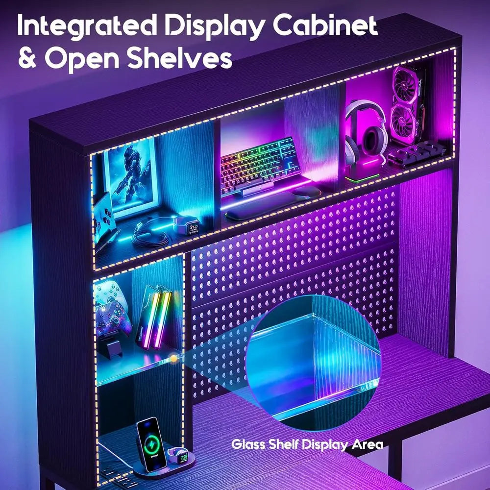 L Shaped Gaming Desk With Hutch Pegboard And LED Lighting