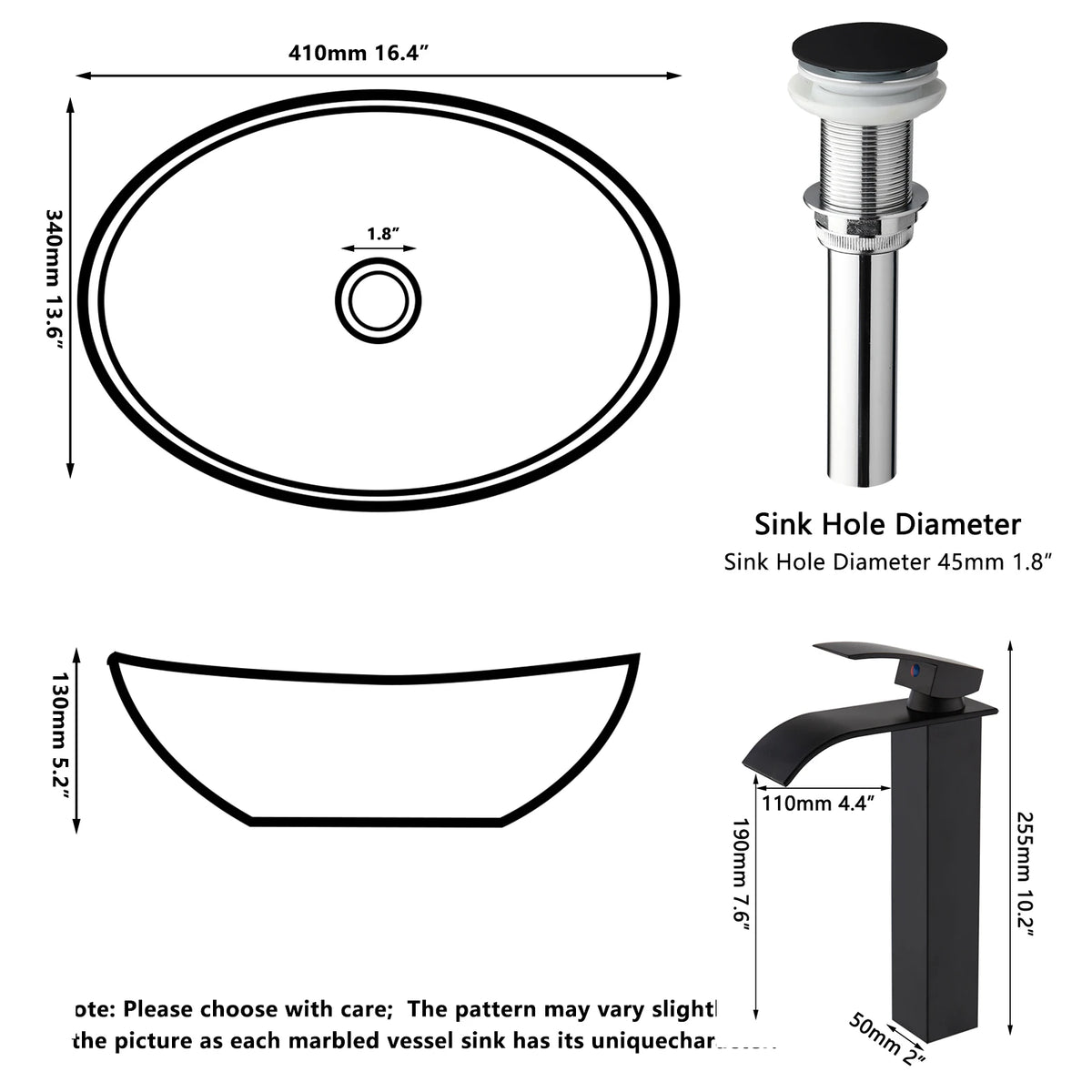 SINLAKU Oval Vessel Bathroom Sink Set With Waterfall Faucet