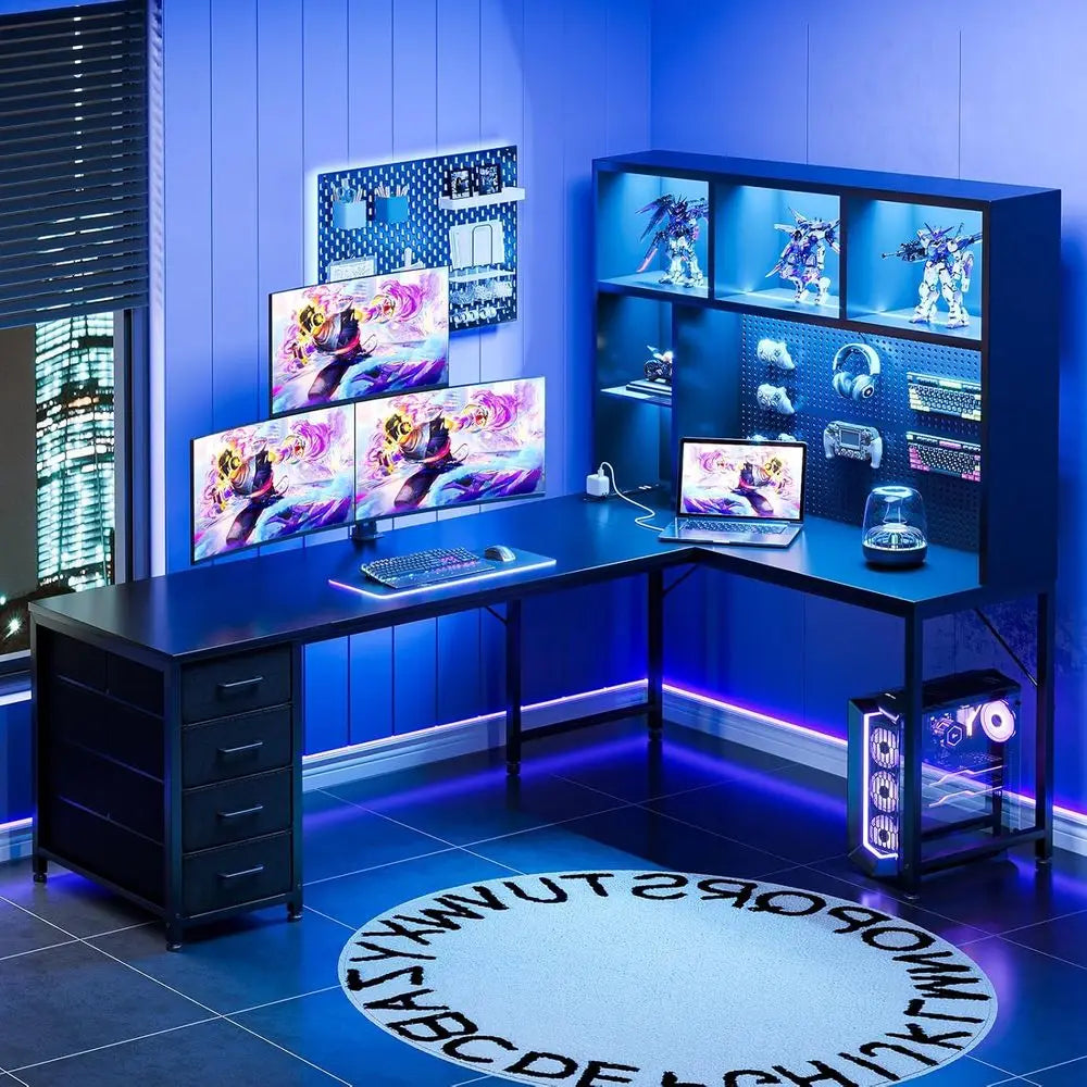 L Shaped Gaming Desk With Hutch Pegboard And LED Lighting