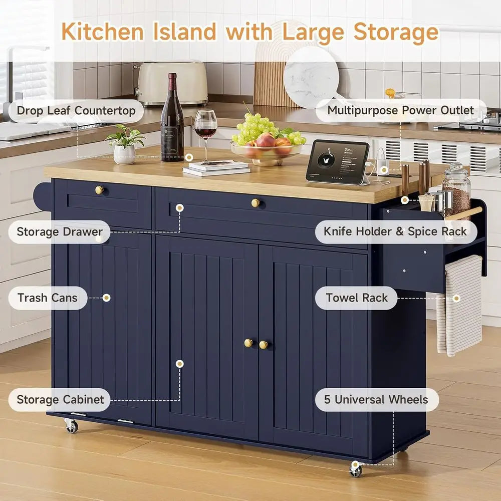 Mobile Kitchen Island With Adjustable Storage And Power Outlet