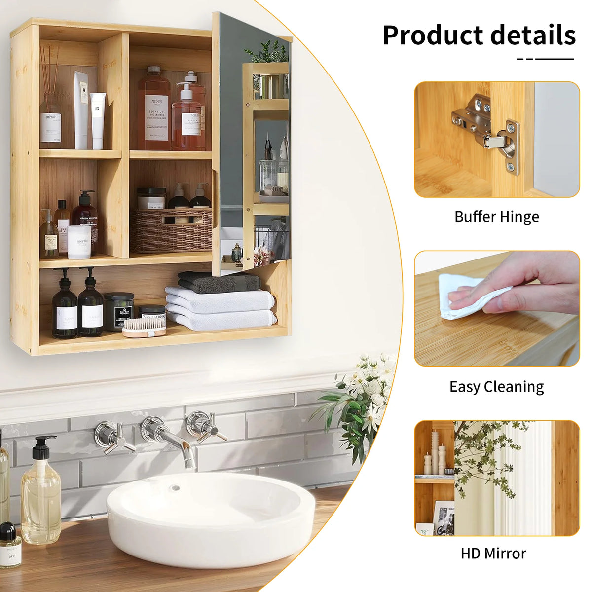 Wisfor Bamboo Wall Mounted Bathroom Cabinet With Mirror Medicine Storage