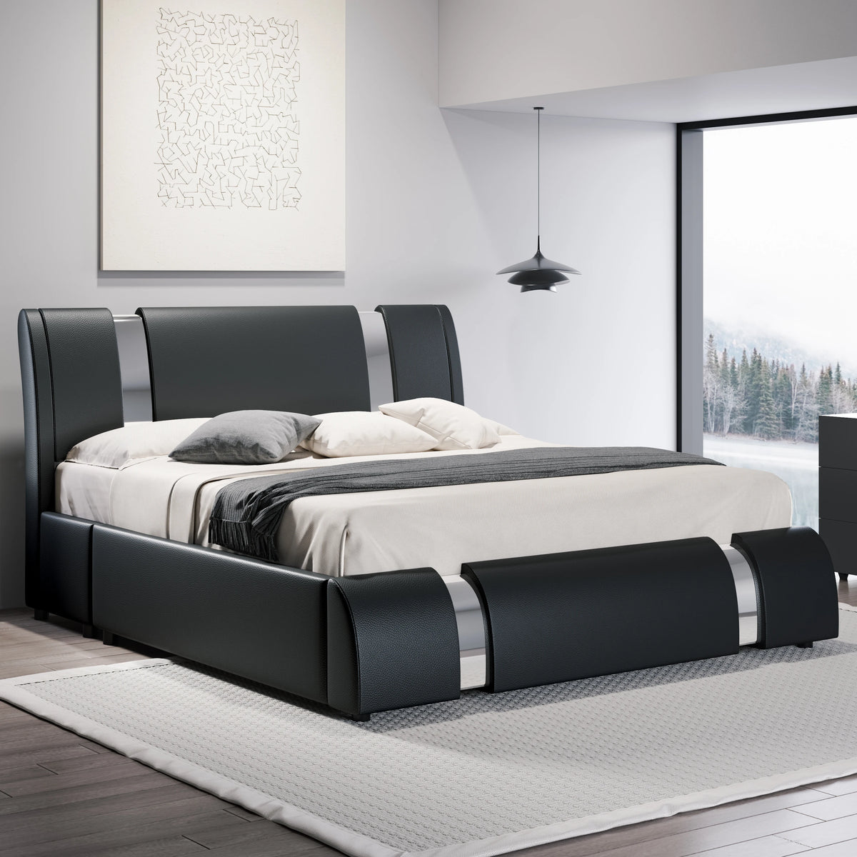HOOMIC MODERN FAUX LEATHER BED FRAME WITH HEIGHT ADJUSTABLE HEADBOARD