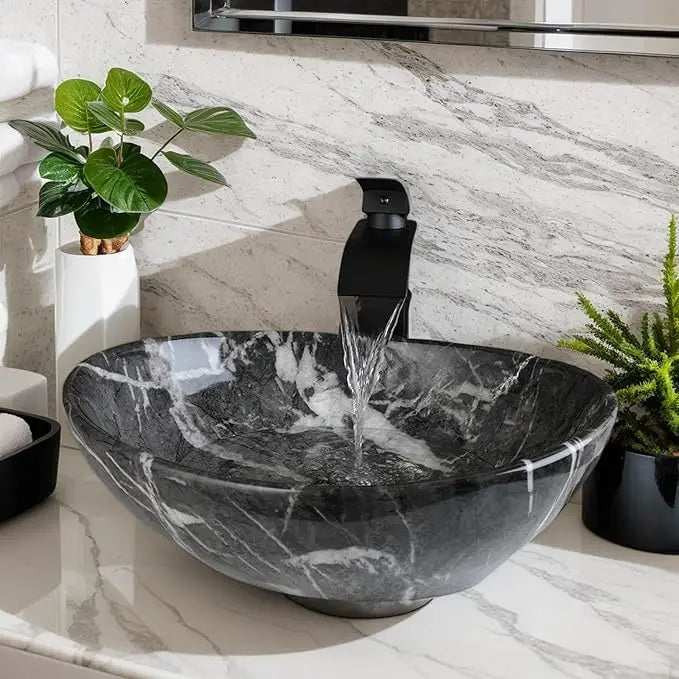 MEKKHALA Oval Ceramic Vessel Sink Set With Waterfall Faucet