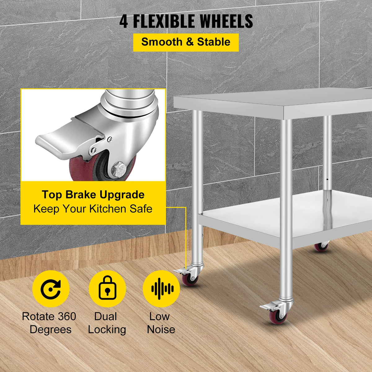 SucceBuy Stainless Steel Kitchen Prep Table Caster Wheels Backsplash