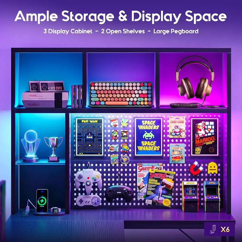 L Shaped Gaming Desk With Hutch Pegboard And LED Lighting