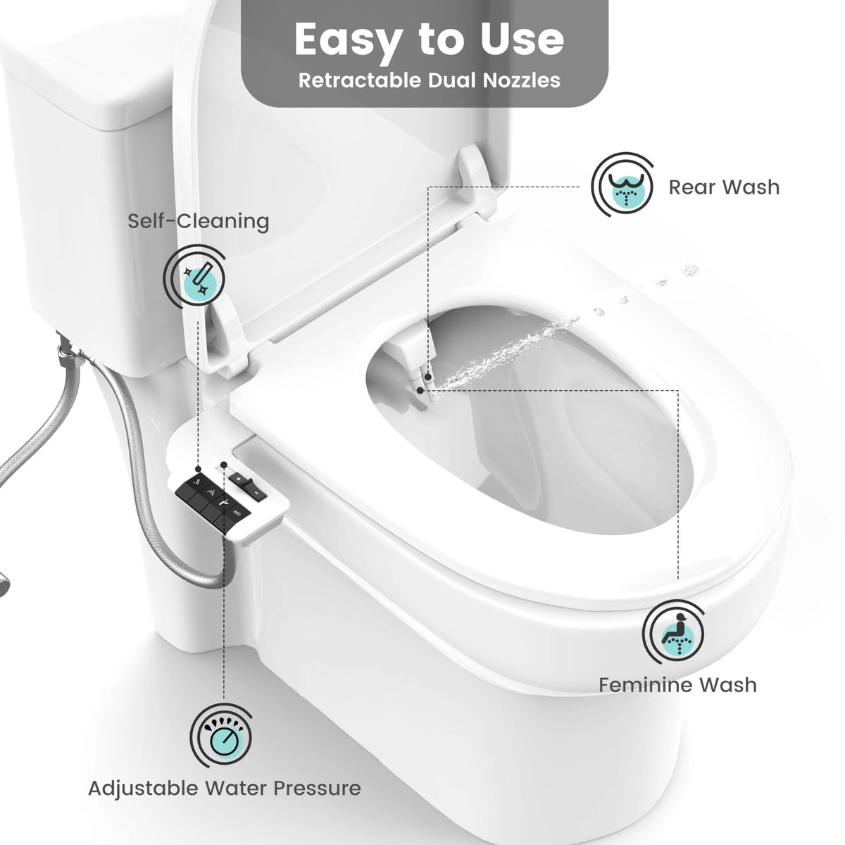 Dual Nozzle Manual Bidet Attachment With Adjustable Water Pressure Control