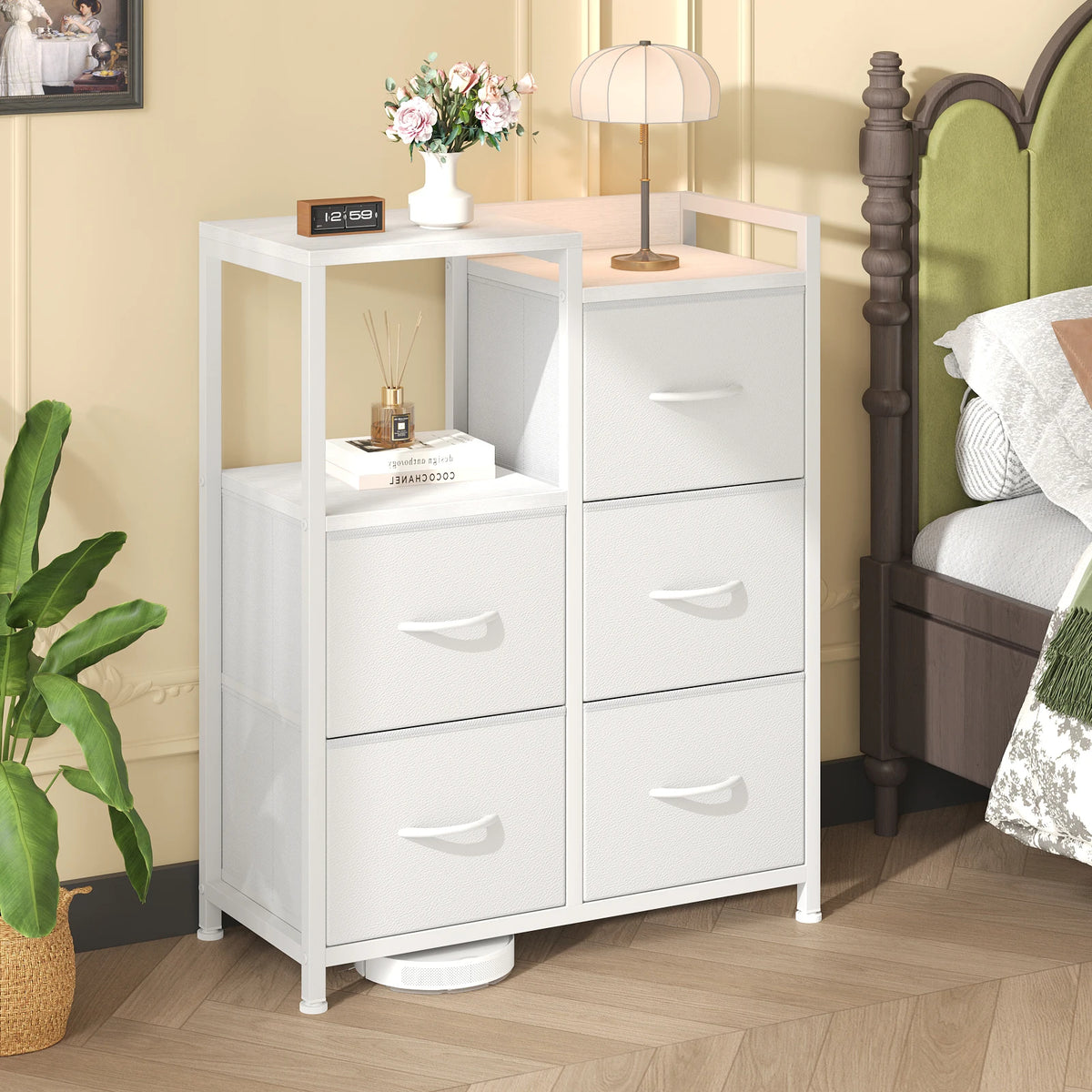JHK Modern Fabric Drawer Chest With Metal Frame Raised Shelf