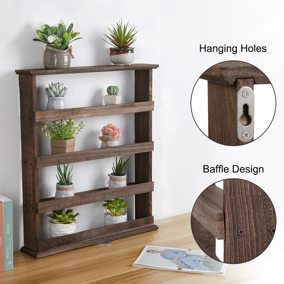 Wooden Wall Mount Spice Rack With Four Tier Storage