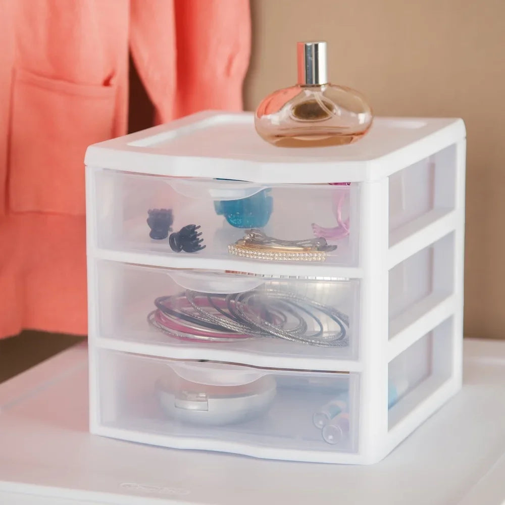 Stackable Three Drawer Plastic Storage Organizer With Clear Front Drawers