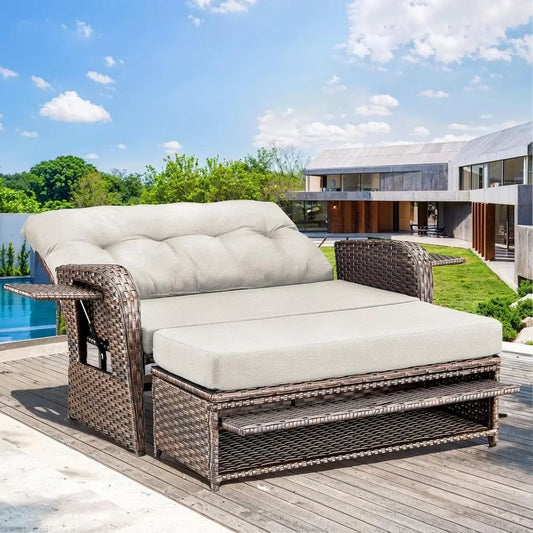Outdoor Wicker Reclining Daybed With Stowable Side Tray