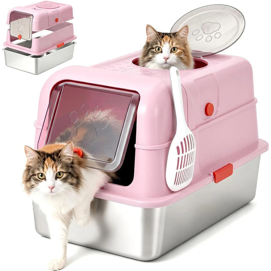 HiMISS Fully Enclosed Stainless Steel Cat Litter Box With Lid