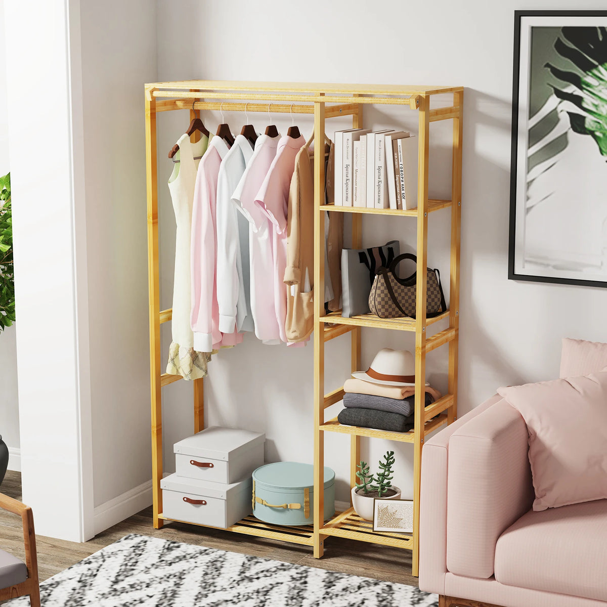 Bamboo Multi Tier Garment Rack Wardrobe Closet Stand Storage Shelves